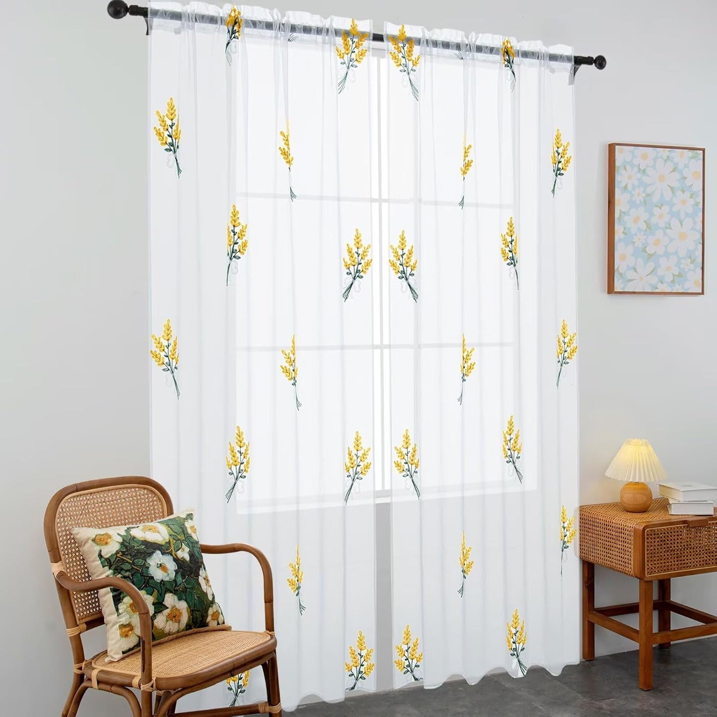 Floral Sheer Curtains Embroidered Lavender Patterned Semi-Sheer Curtain 84 Inches Long 2 Panels Rod Pocket Spring Voile Drapes for Living Room, Bedroom(W52 x L84 Inch, White&Yellow)