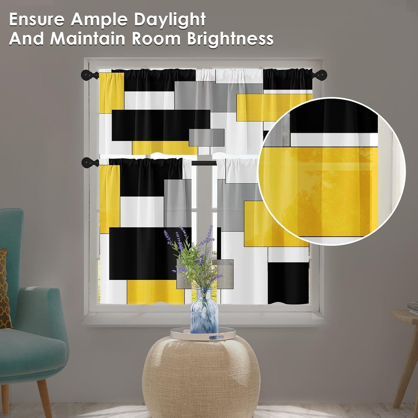 Yellow Kitchen Window Curtains Valance and Tier Set, Black Grey White Modern Rod Pocket Short Tier Curtain, Abstract Art Small Cafe Drapes for Kitchen Decor 52" x 24"