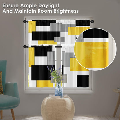 Yellow Kitchen Window Curtains Valance and Tier Set, Black Grey White Modern Rod Pocket Short Tier Curtain, Abstract Art Small Cafe Drapes for Kitchen Decor 52" x 24"