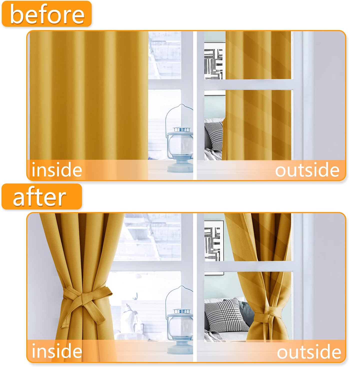 Hiasan Blackout Curtains for Bedroom, 60 x 63 Inches Length - Thermal Insulated & Light Blocking Window Curtains for Living Room, 2 Drape Panels Sewn with Tiebacks, Mustard Yellow
