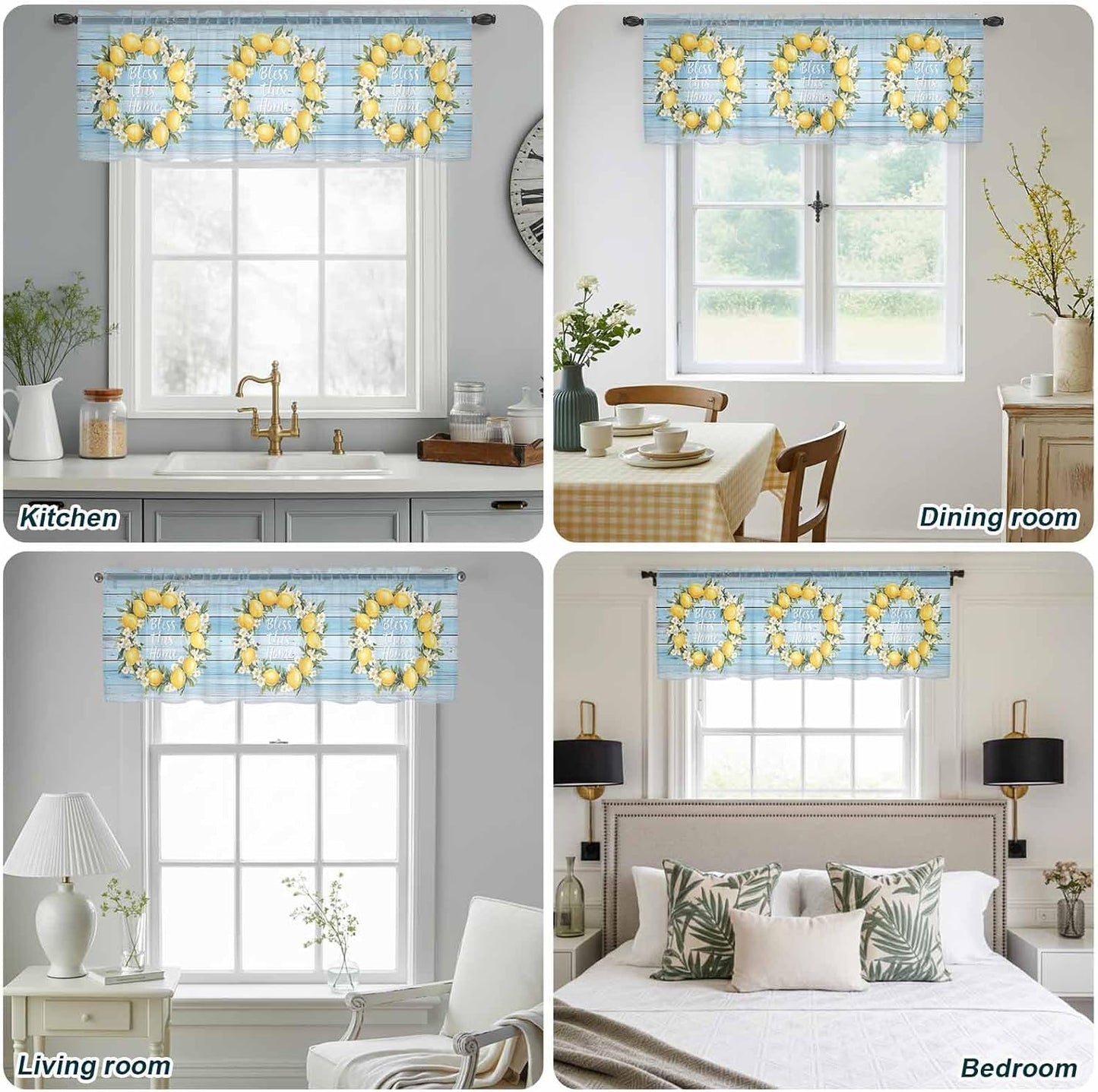 Country Bless This Home Sheer Curtain 18 Inch Long Yellow Lemon Blue Wood Grain Light Filtering Rod Pocket Voile Curtain Valance for Bedroom Kitchen Cafe Window 54" W x 18" L