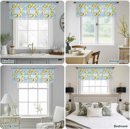Country Bless This Home Sheer Curtain 18 Inch Long Yellow Lemon Blue Wood Grain Light Filtering Rod Pocket Voile Curtain Valance for Bedroom Kitchen Cafe Window 54" W x 18" L