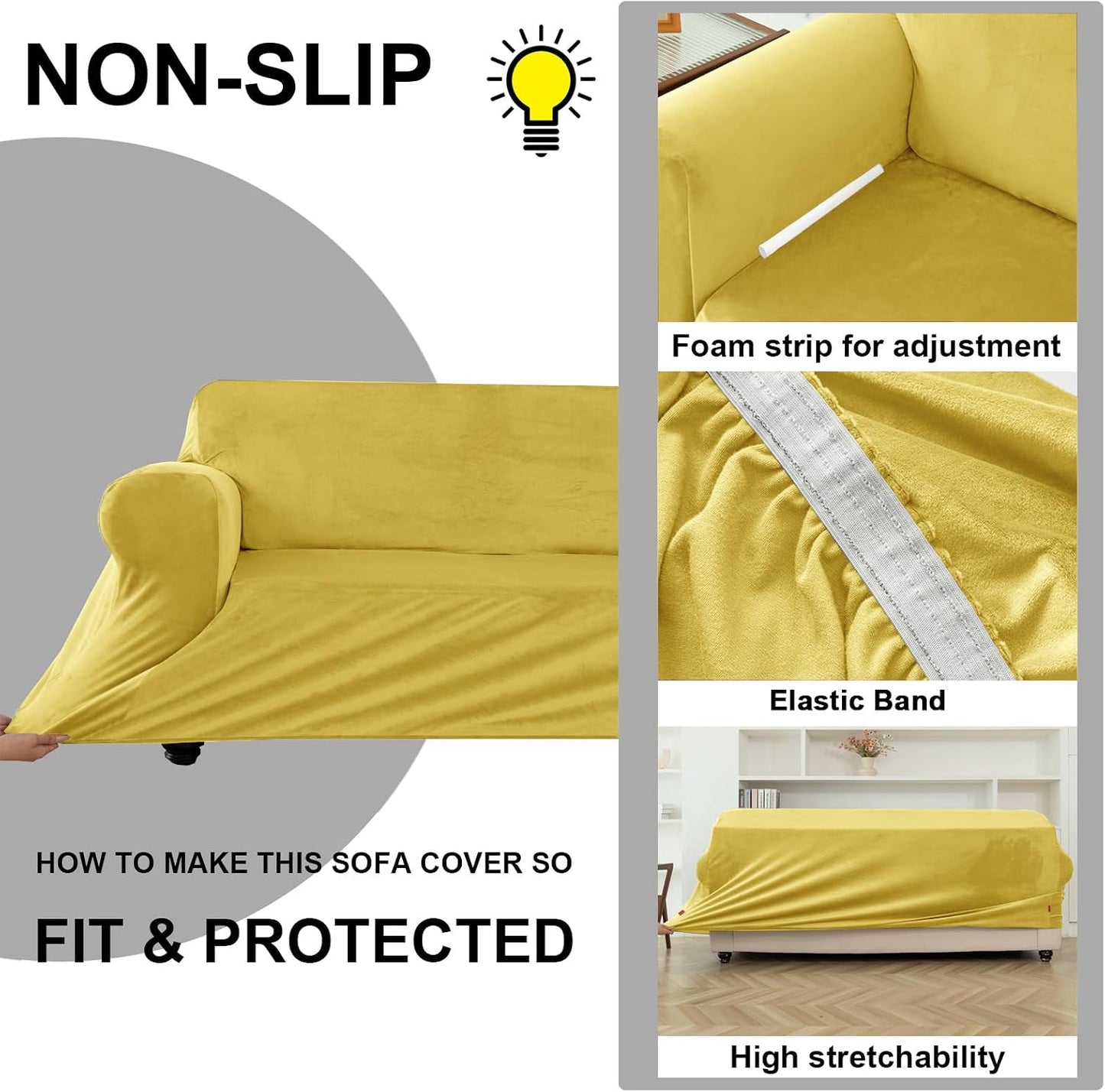 UNBBRRL 3 Pieces Couch Covers for Sofa, Stretch Velvet Armchair Slipcover with 1 Seat Cushion Cover and 1 Backrest Cover for Ektorp Settee Replacement (Lemon Yellow,1 Seater)