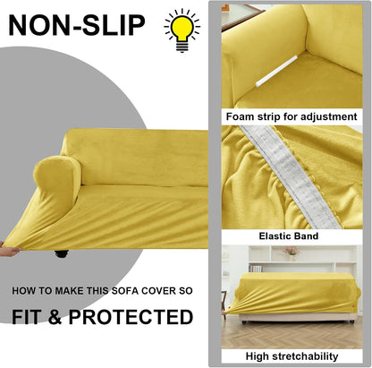 UNBBRRL 3 Pieces Couch Covers for Sofa, Stretch Velvet Armchair Slipcover with 1 Seat Cushion Cover and 1 Backrest Cover for Ektorp Settee Replacement (Lemon Yellow,1 Seater)