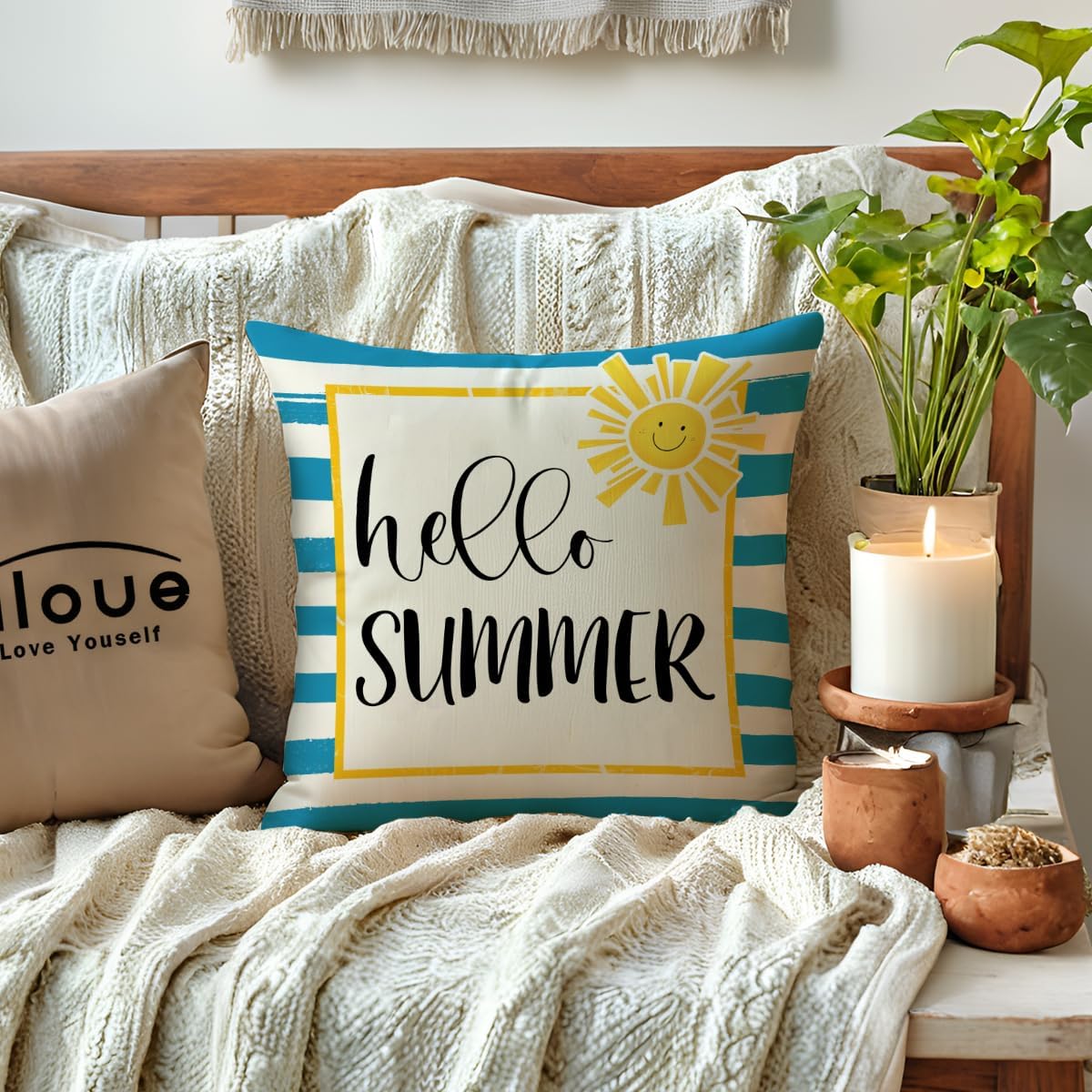 ULOVE LOVE YOURSELF Hello Summer Decorative Pillow Cover Blue Stripes with Sunshine Design Cushion Cover 18×18 Farmhouse Summer Holiday Seasonal Decorations for Sofa Couch Porch (Blue/Yellow)