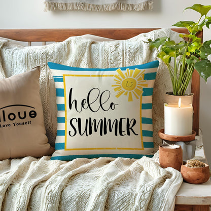 ULOVE LOVE YOURSELF Hello Summer Decorative Pillow Cover Blue Stripes with Sunshine Design Cushion Cover 18×18 Farmhouse Summer Holiday Seasonal Decorations for Sofa Couch Porch (Blue/Yellow)