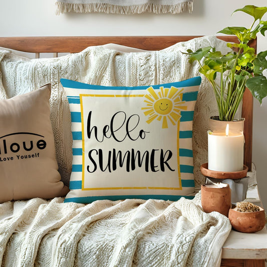 ULOVE LOVE YOURSELF Hello Summer Decorative Pillow Cover Blue Stripes with Sunshine Design Cushion Cover 18×18 Farmhouse Summer Holiday Seasonal Decorations for Sofa Couch Porch (Blue/Yellow)