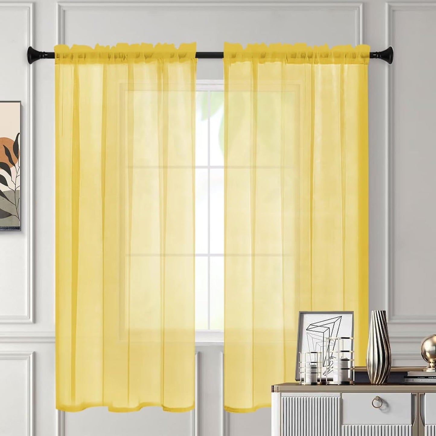 Sheer Curtains 45 Inches Long 2 Panels, Rod Pocket Short Curtain for Kitchen, Bedroom, Cafe Window(Yellow 38" W x 45" L)