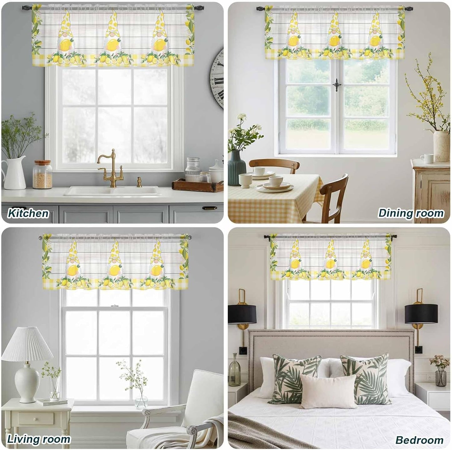 Lemon Dwarfs Sheer Valances for Windows Gnome Green Leaf Wood Striped Yellow Plaid Semi Sheer Kitchen Valance Rod Pocket Small Voile Window Curtains for Living Room Bedroom Laundry 54 x 18 Inch