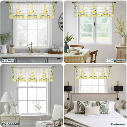 Lemon Dwarfs Sheer Valances for Windows Gnome Green Leaf Wood Striped Yellow Plaid Semi Sheer Kitchen Valance Rod Pocket Small Voile Window Curtains for Living Room Bedroom Laundry 54 x 18 Inch