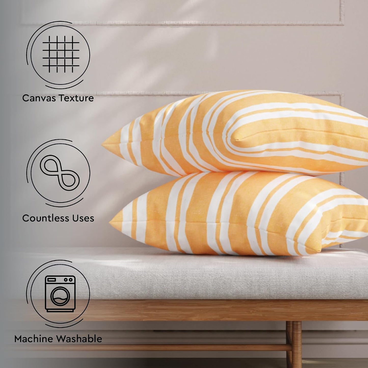 Encasa XO Farmhouse Throw Pillow Covers Set of 2 (20x20 in) Franca Yellow Stripes | Decorative Cushion Covers No Inserts | Plaid and Stripes Pillow Covers for Living Room, Couch