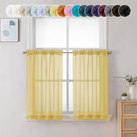 Chyhomenyc Mustard Yellow Short Sheer Curtains 36 inch Length, Light Filtering Half Window Curtians for Kitchen, Elegant Small Curtain for Basement Bathroom Cabinet, 42Wx36L inches, 2 Panels