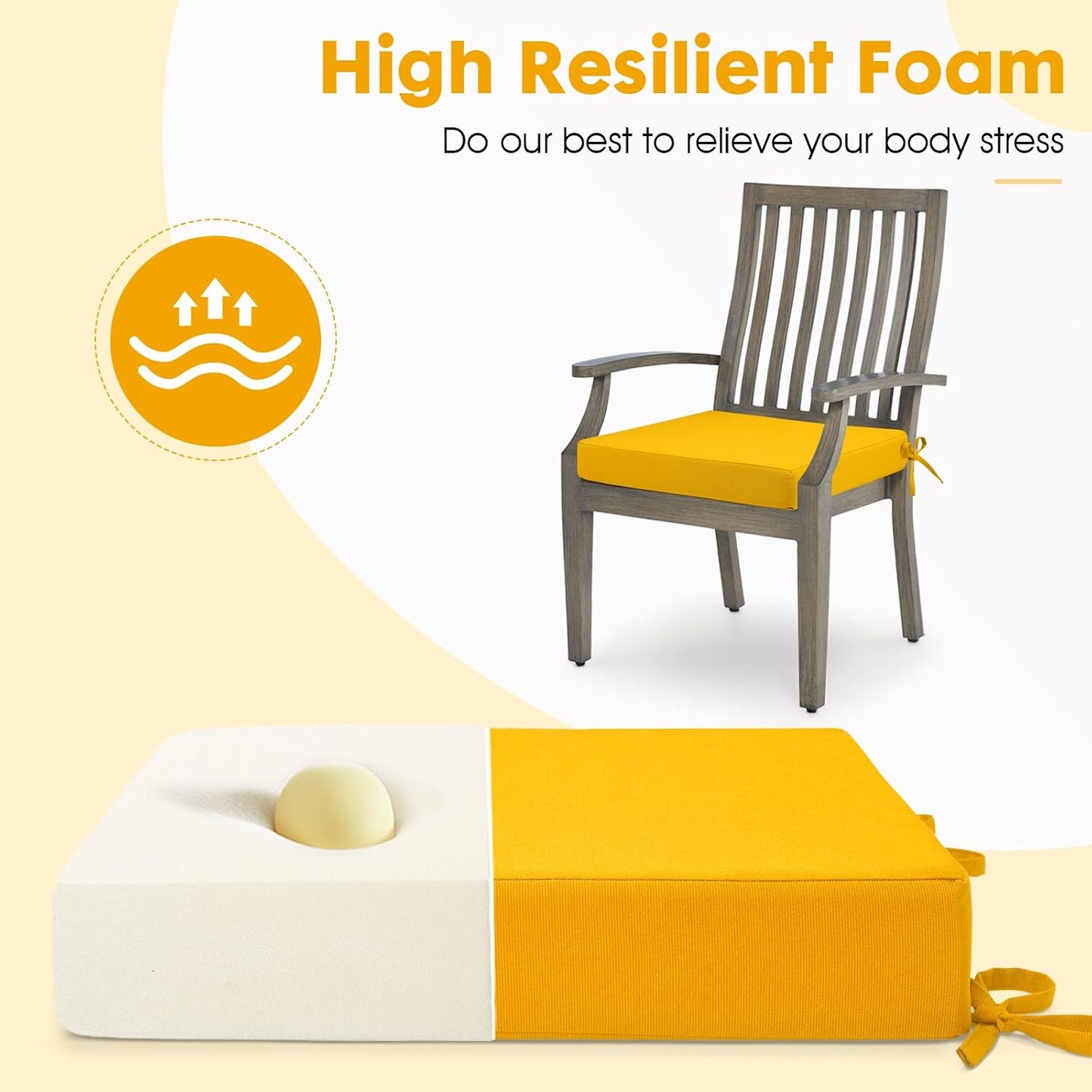 Outdoor Chair Cushions Set of 4 Fade Water Resistant, Patio Furniture Cushions with Non-Slip Ties,Square Cushions for Outdoor Furniture and Lawn Dining Chairs, 18.5 x 16 x 3, Yellow