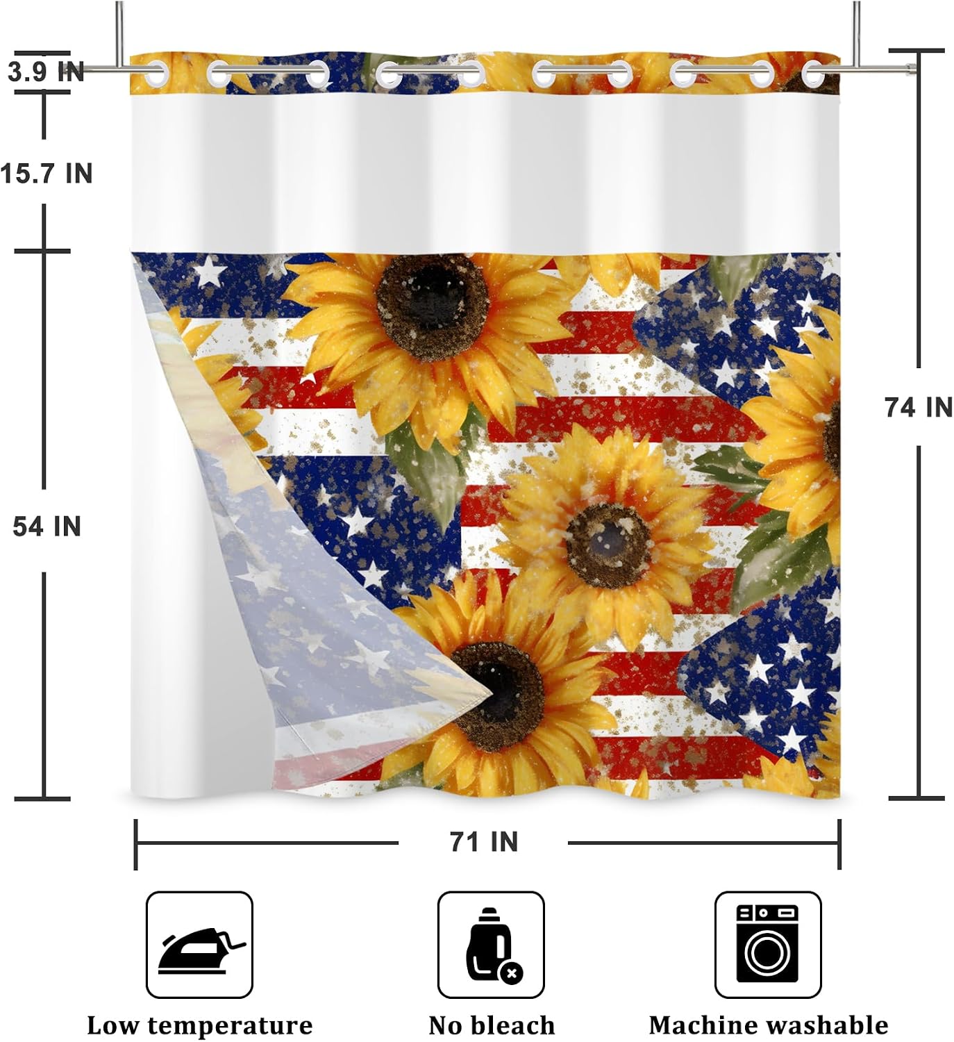 4th of July No Hook Shower Curtain with Snap in Liner Independence Day America Flag Memorial Day Sunflowers Double Layers See Through Top Window Open Grommet Bath Curtain 71x74 Inch