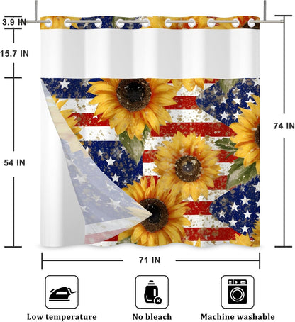 4th of July No Hook Shower Curtain with Snap in Liner Independence Day America Flag Memorial Day Sunflowers Double Layers See Through Top Window Open Grommet Bath Curtain 71x74 Inch