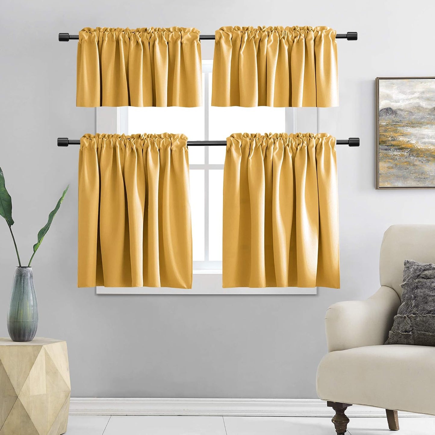 DONREN 36 Inch Gold Yellow Small Window Curtains - Blackout Room Darkening Curtain Tiers with Rod Pocket,Set of 2 Panels