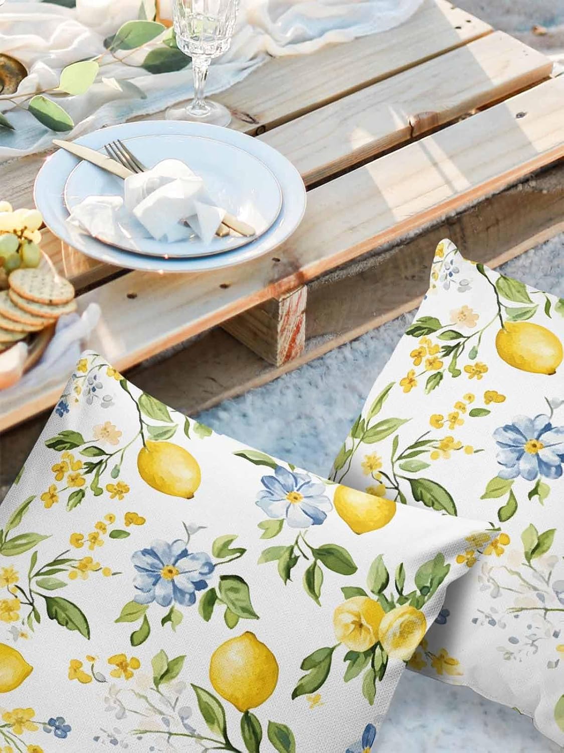 Lemon Outdoor Waterproof Pillow Covers Pack of 2, Summer Yellow Fruit Blue Flowers Leaves Farmhouse Decorative Throw Pillowcases Polyester Cushion Covers for Garden Patio Tent Sofa Couch, 16x16 inch