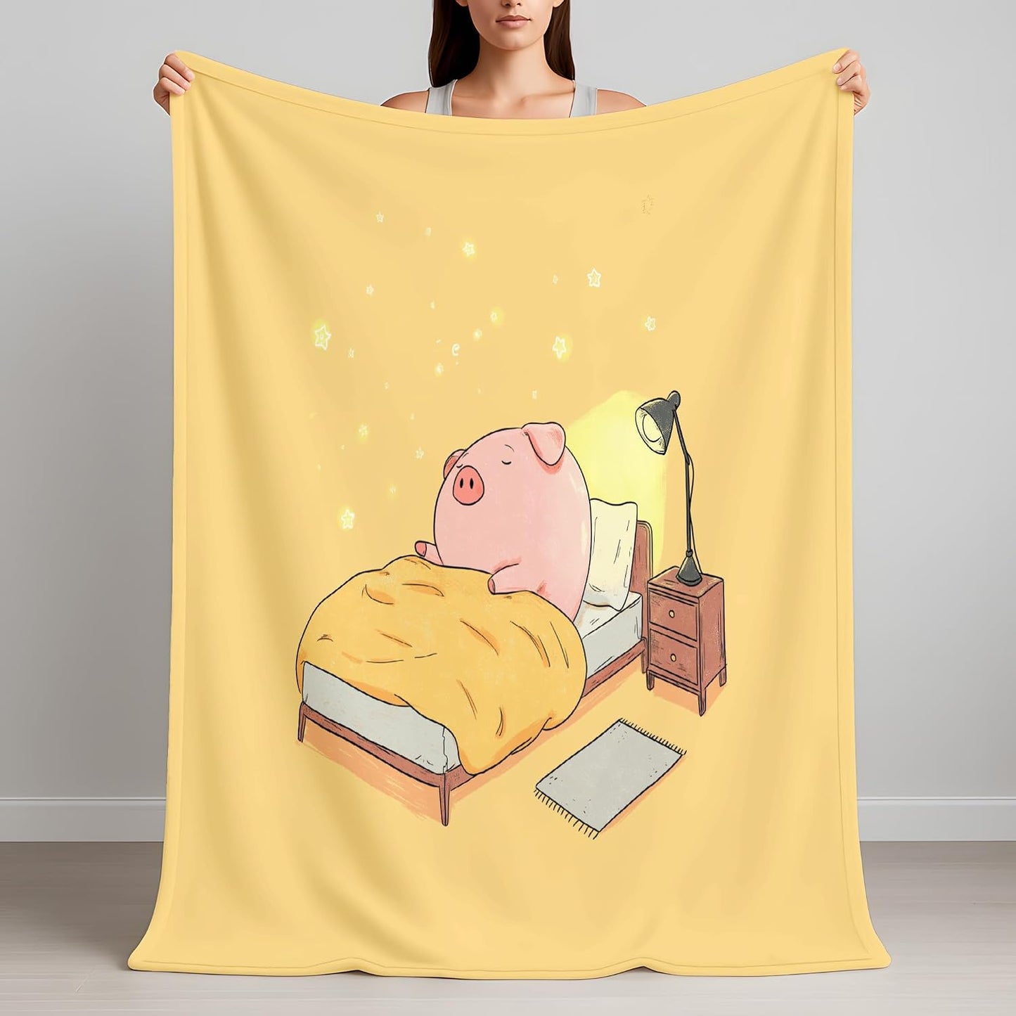 The Cartoon Throw Blanket 50" x 70", Piglet Sleeping Cozy Printed Blankets Gifts for Women Men Kids Fleece Cozy Fuzzy Lemon Yellow Blanket for Birthday Christmas Room Decor