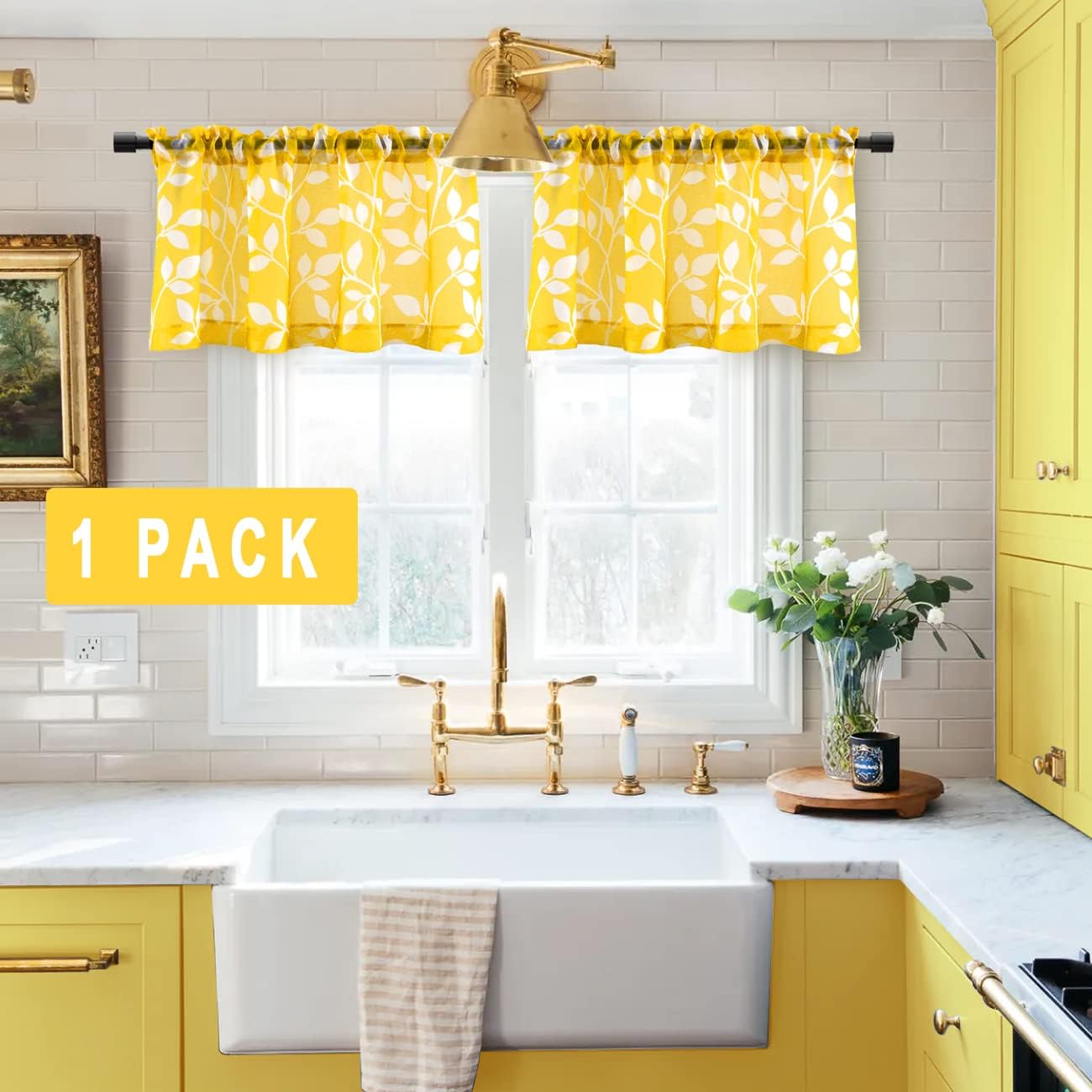XTMYI Yellow Valance Curtais for Kitchen Window,Rod Pocket Sheer Spring Window Treatments Valence for Living Room Bedroom Bathroom,Mustard Sunflower Lemon Yellow and White