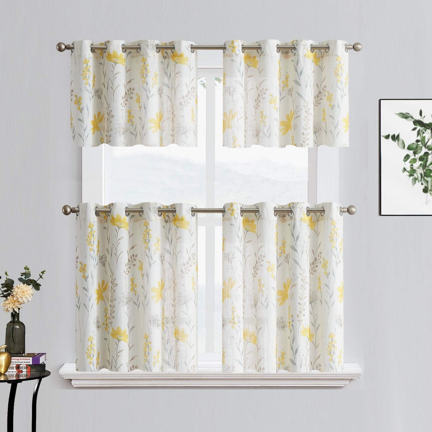 July Joy Printed Kitchen Valance Linen Textured 18-inches Floral Leaf Design Farmhouse Style Window Panel Drapes Set Grommet Treatment for Basement Café Room, 52 x 18 inch, Yellow
