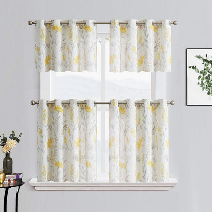 July Joy Printed Kitchen Valance Linen Textured 18-inches Floral Leaf Design Farmhouse Style Window Panel Drapes Set Grommet Treatment for Basement Café Room, 52 x 18 inch, Yellow