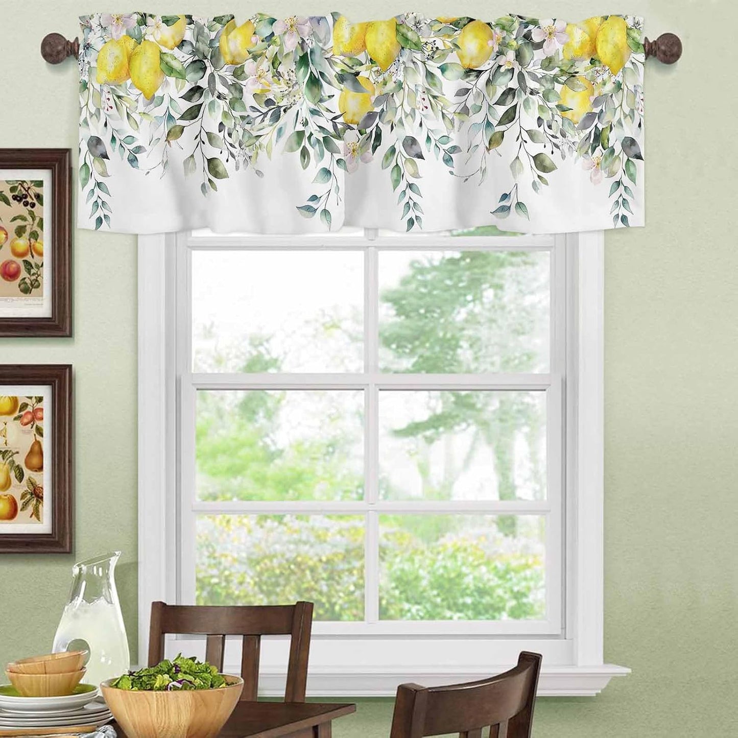 2 Pack Yellow Lemon Kitchen Valances for Windows, Nature Eucalyptus Leaves Short Valance Curtains Rod Pocket Window Treatments Watercolor Flowers Valances for Living Room Bedroom 42x12 Inch, 2 Panels