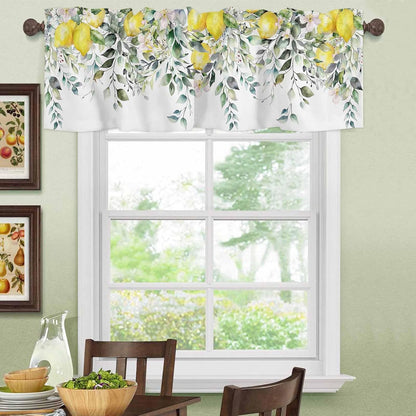2 Pack Yellow Lemon Kitchen Valances for Windows, Nature Eucalyptus Leaves Short Valance Curtains Rod Pocket Window Treatments Watercolor Flowers Valances for Living Room Bedroom 42x12 Inch, 2 Panels