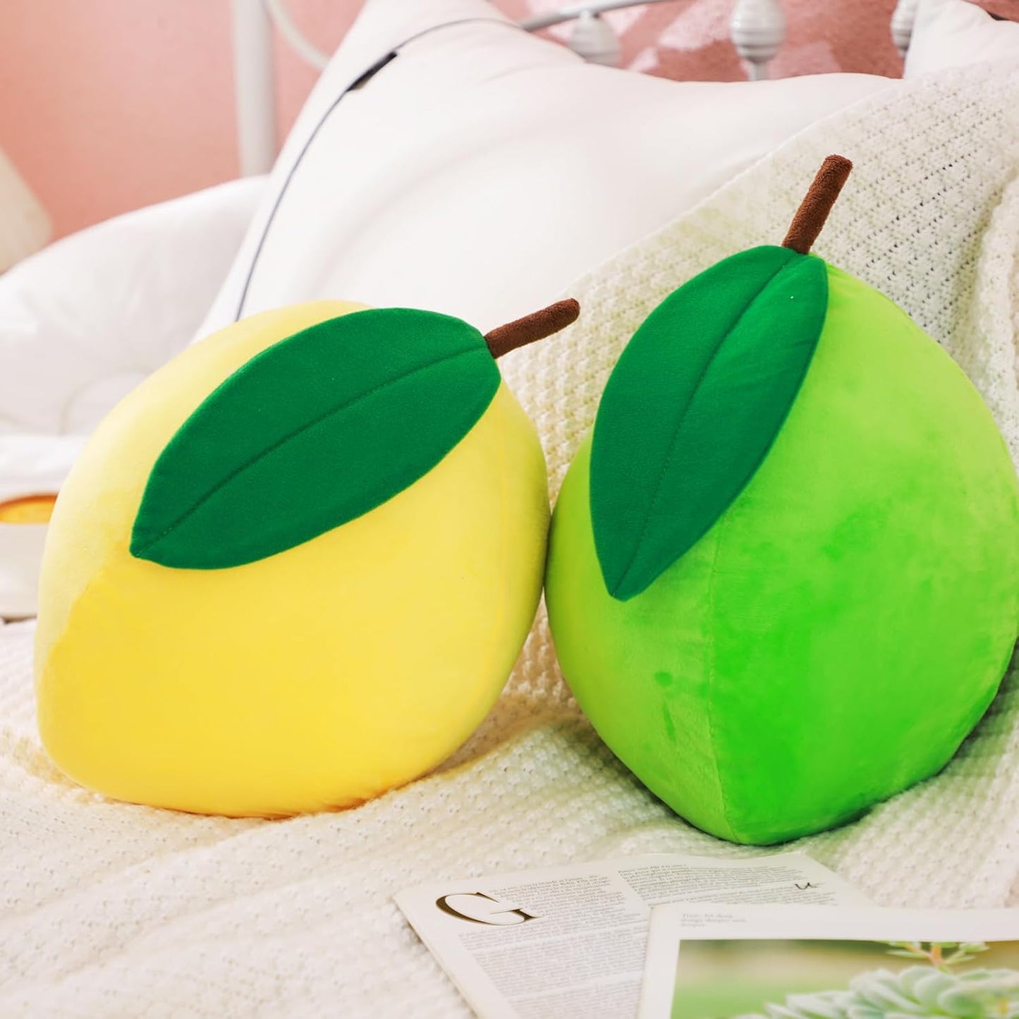 Vercraft 2 Pcs Decorative Lemon Plush Fruit Cute Throw Pillow Kawaii Yellow Hugging Plushies Gift Soft Novelty Green Plush Pillow Cushion Seat Decor for Home 13.8 Inch(Lemon)