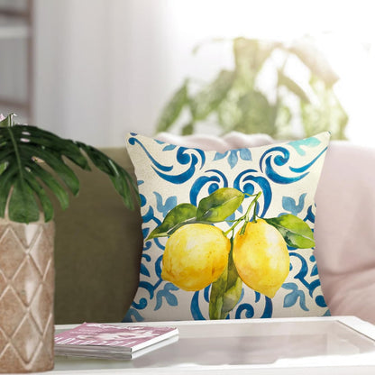 Lemon Italy Tile Pattern Decorative Throw Pillow Cover 18 x 18, Blue Italian Amalfi Coast Citrus Porch Outdoor Home Decor, Spring Summer Mediterranean Sofa Couch Cushion Case