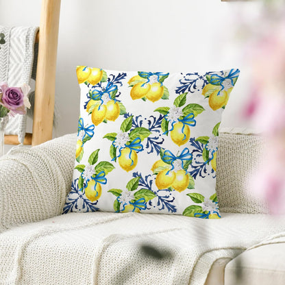 Yellow Lemon Pillow Covers, 18x18 Inch Decorative Throw Pillow Cases with Blue Bowknot, Farmhouse Summer Lemon Green Leaf Floral Cushion Cover for Outdoor Decor, Set of 2
