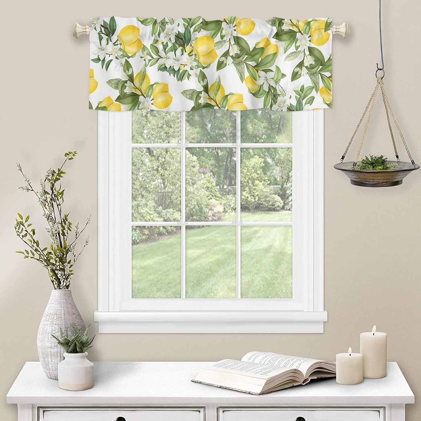 Nature Window Valance Flowering Lemon Woody Plant Romance Habitat Citrus Fresh Background Window Treatment Valances, Rod Pocket Curtain Valances for Kitchen Bedroom, 54" X 18", 1 Panel, Fern Green