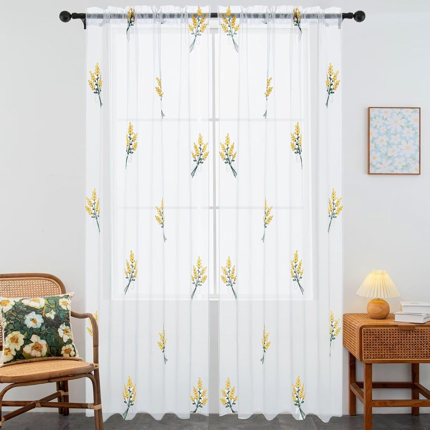 Floral Sheer Curtains Embroidered Lavender Patterned Semi-Sheer Curtain 84 Inches Long 2 Panels Rod Pocket Spring Voile Drapes for Living Room, Bedroom(W52 x L84 Inch, White&Yellow)