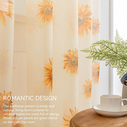 Sheer Curtains, 2PCS Sun Flower Floral Voile Sheer Curtain Soft Light Weight Window Panel 39x78in Sunflower Window Panel for Bedroom Living Room Kitchen Decor(Yellow)