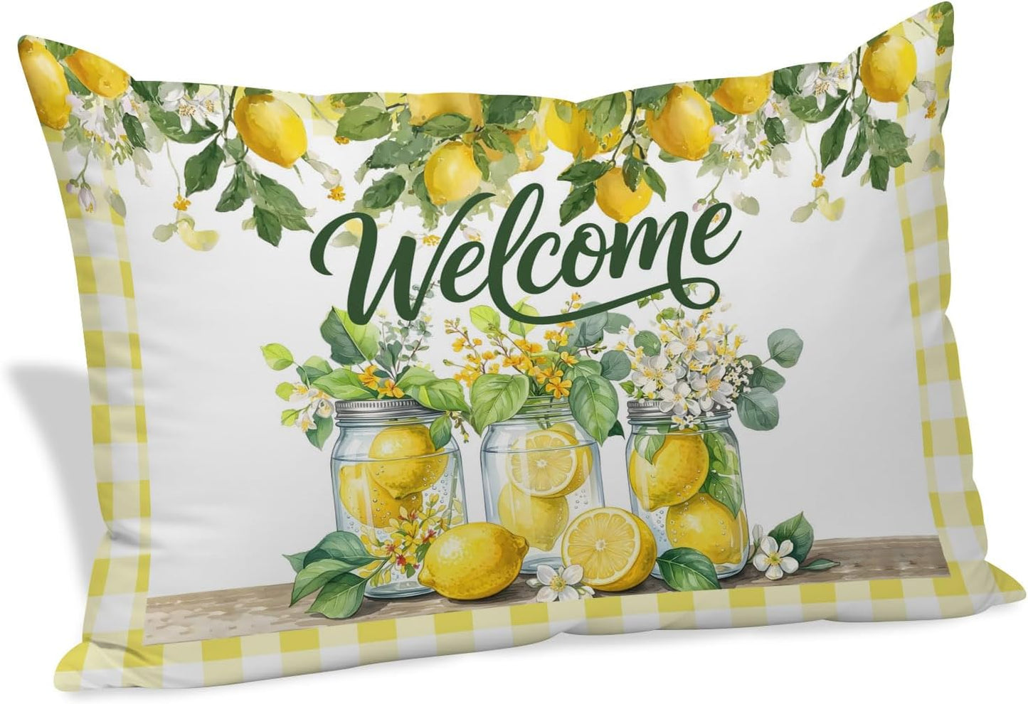 Welcome Words Farm Lemons Throw Pillow Cover,Decorative Pillowcase with Hidden Zipper Yellow Check Breathable Lumbar Pillow Cushion Case for Couch Sofa Bed Home,12"x20"