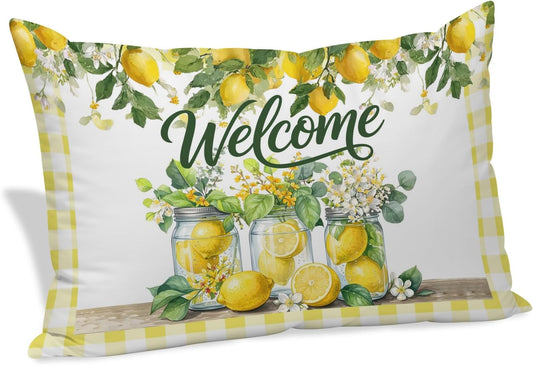 Welcome Words Farm Lemons Throw Pillow Cover,Decorative Pillowcase with Hidden Zipper Yellow Check Breathable Lumbar Pillow Cushion Case for Couch Sofa Bed Home,12"x20"