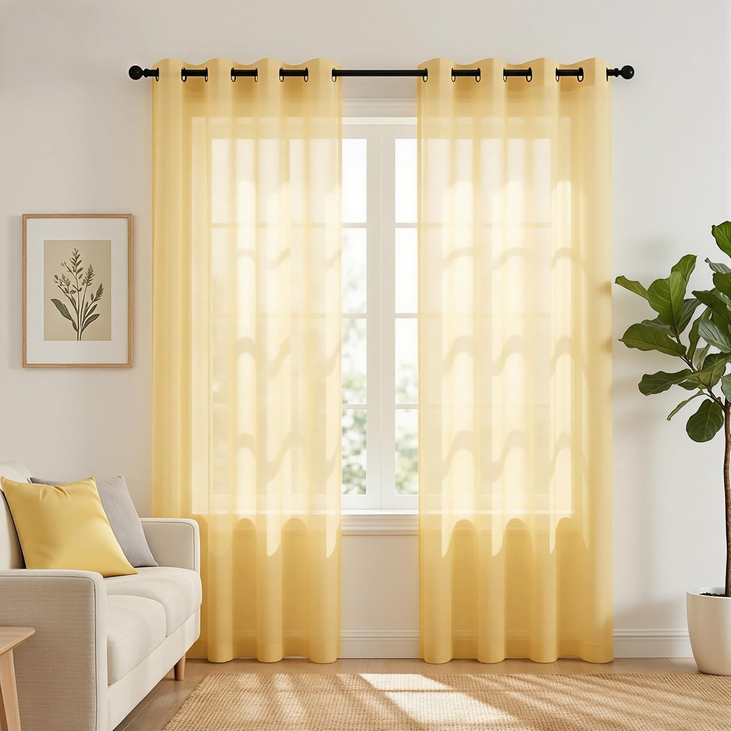 Mrs.Naturall Light Yellow Sheer Curtains 84 Inches Long, Pale Yellow Grommet Window Voile for Living Room Bedroom 2 Panels Set, Cortinas Amarillas para Sala