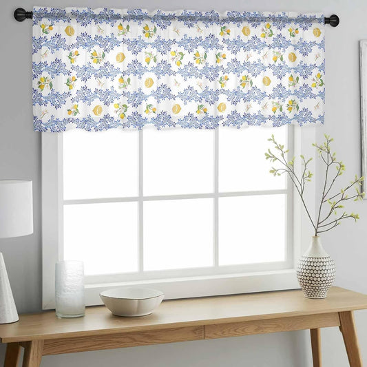 Sheer Window Valance Lemon Floral Semi Voile Short Curtain Rod Pocket Summer Fruit Blue Leaves Valances Window Treatment for Bedroom Living Room Kitchen 54x18in