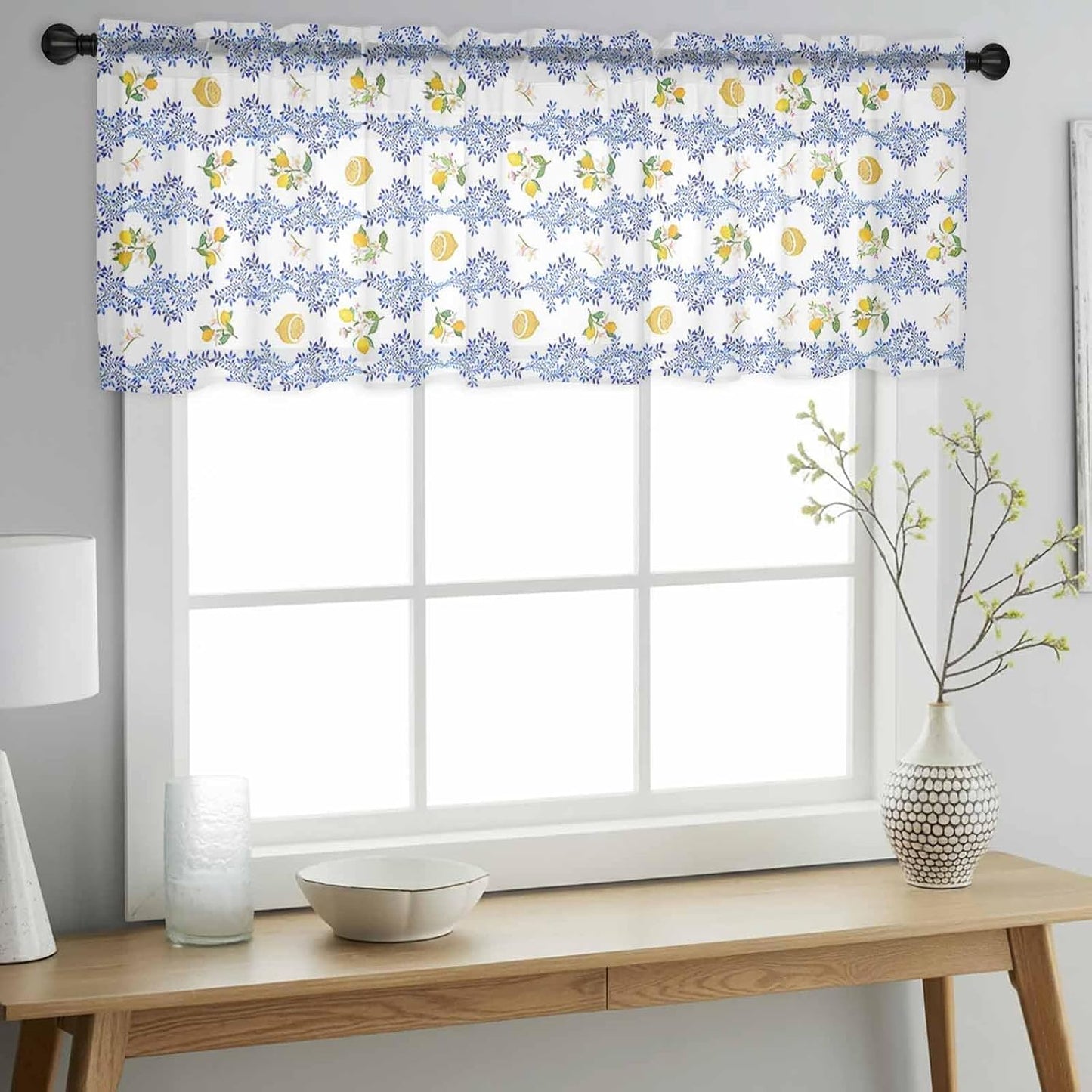Summer Lemon Sheer Curtain 12 Inch Long Retro Flower Leaves Light Filtering Rod Pocket Voile Curtain Valance for Bedroom Kitchen Cafe Window 42" W x 12" L