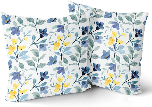 Sweetshow Yellow Blue Floral Throw Pillow Covers 18x18 Inch Watercolor Sage Green Leaves Decorative Pillow Case Soft Cotton Square Cushion Covers for Couch Sofa Bedroom Livingroom (Pack of 2)