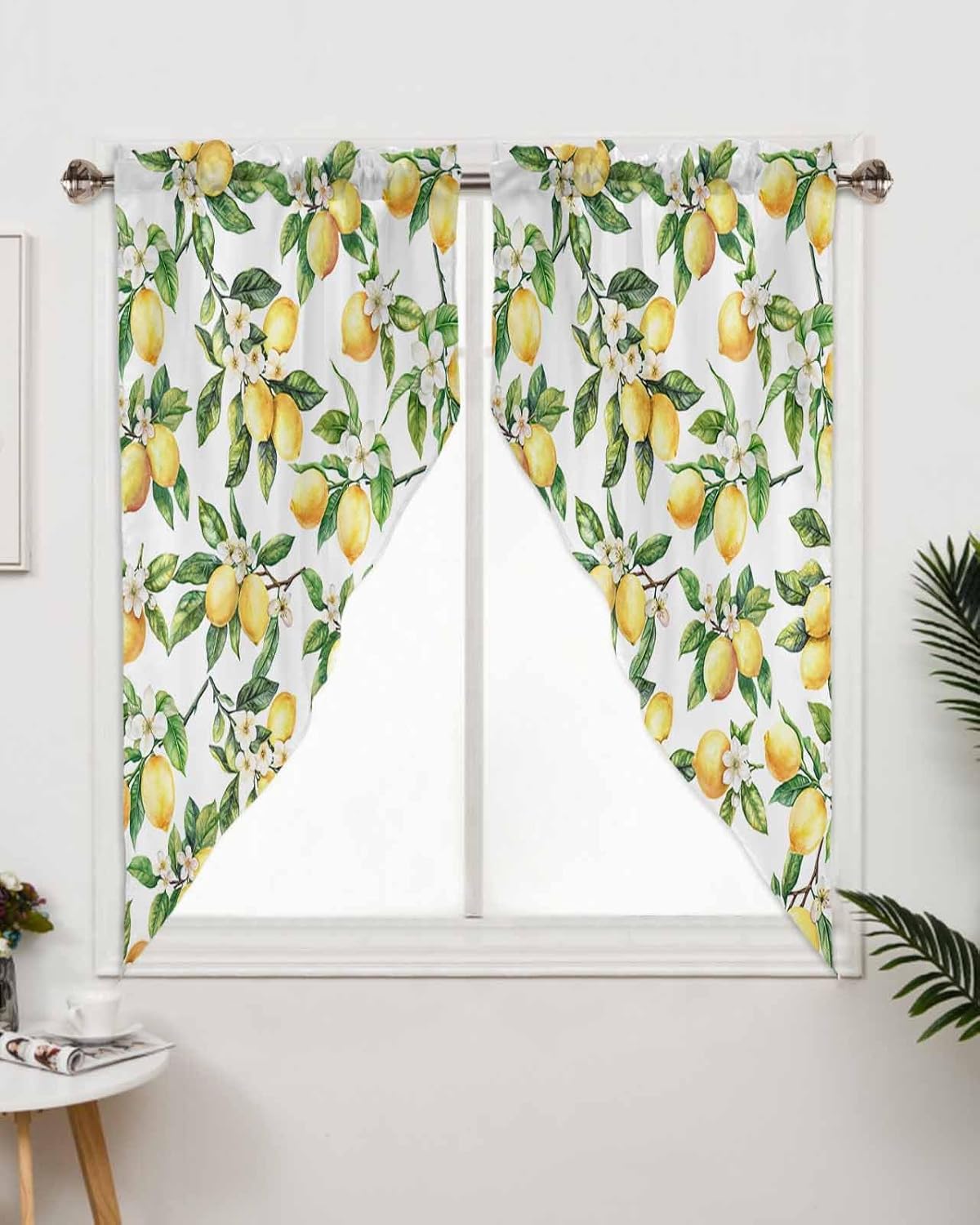 Yellow Lemon Swag Curtain Green Valance For Kitchen Window,Spring Summer Flower Wide Rod Pocket Curtain Drapes for Bedroom Bathroom Cafe Living Room Leaf Plant Light Filtering Drapery Panel,56"Wx36"H