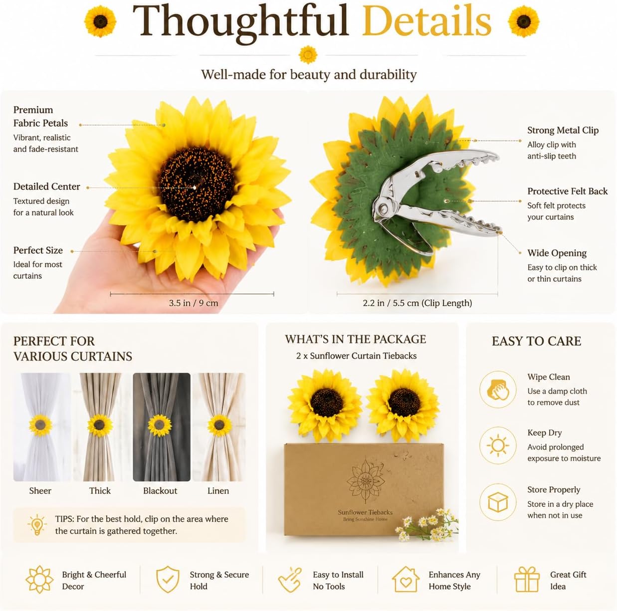 2Pcs Sunflower Curtain Tiebacks Yellow Floral Decor for Farmhouse Bedroom Window Treatments Decorative Drapery Tie Up Hooks No Drill Holders for Boho Curtains