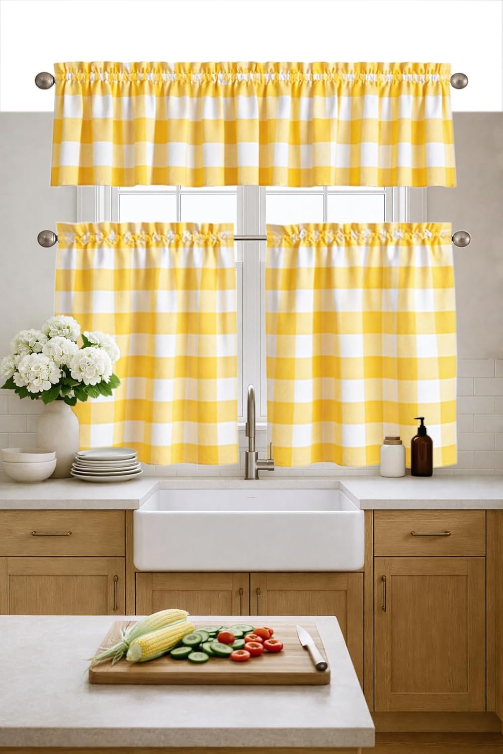 Buffalo Check Farmhouse Window Curtain Set, Valance 54x18 with Tier Curtains 26x36, 3 Piece Rod Pocket Curtains for Kitchen, Dining, Bathroom, Café Décor, Lemon Yellow