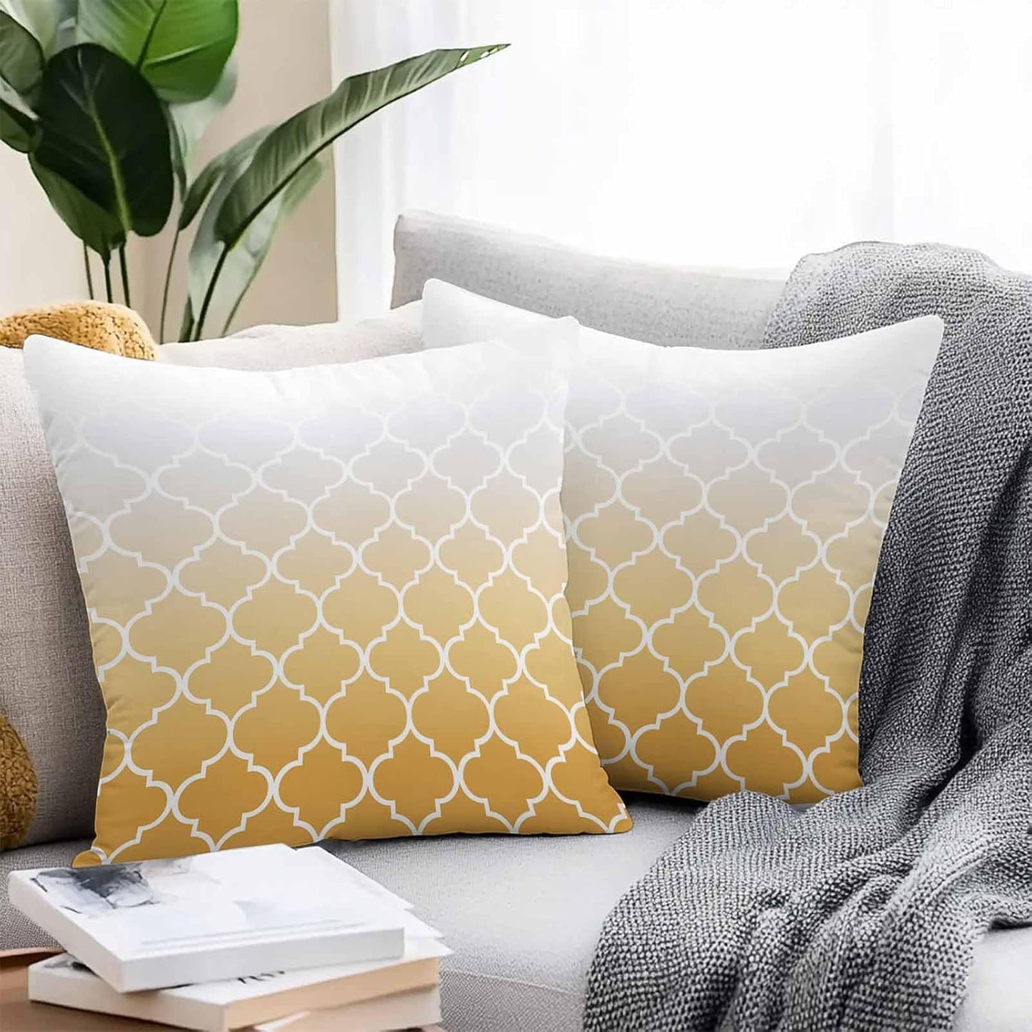 Outdoor Pillow Covers Waterproof Pillow Cases Protector Yellow Gradient Moroccan Pattern Pillowcase Pack of 2 White Stripes Buffalo Check Throw Cushion Case for Pation Furniture,Couch,Sofa,16X16IN