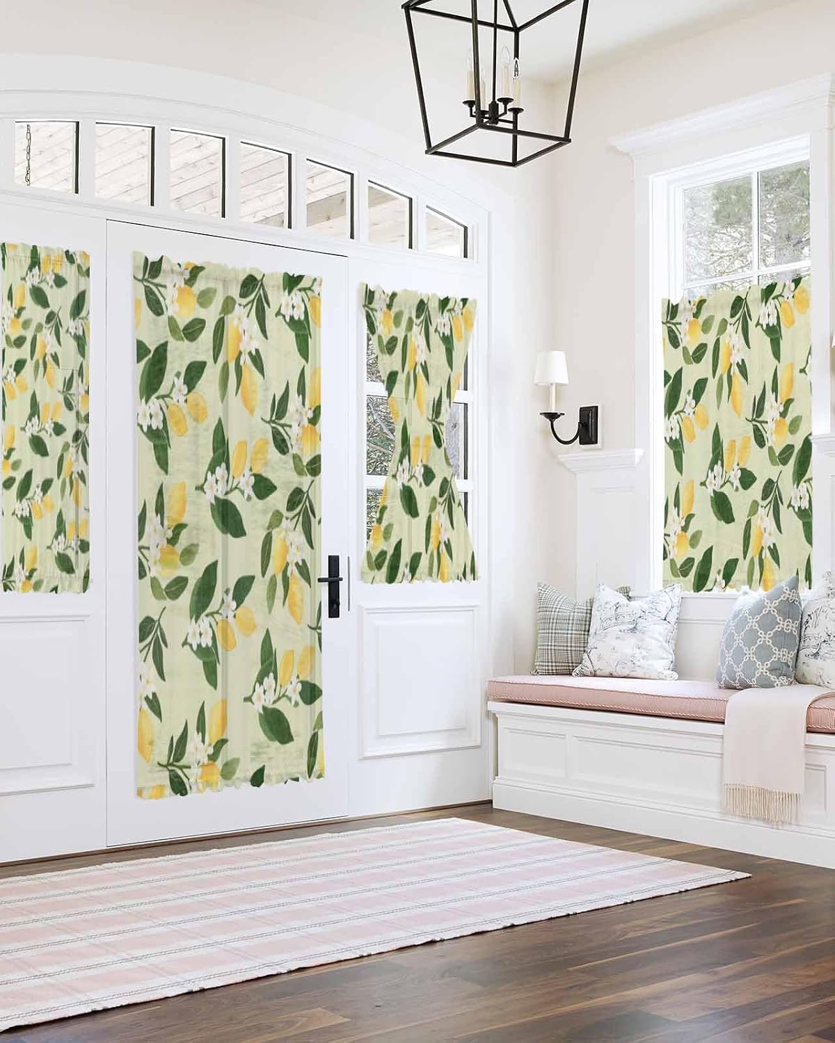 Lemons Leaves French Door Curtain, Summer Fruits Floral Botanical Yellow 25W X 40L Sheer Door Curtains for Doors Windows, Rod Pocket Sidelight Curtains for Front Sliding Doors with Tieback