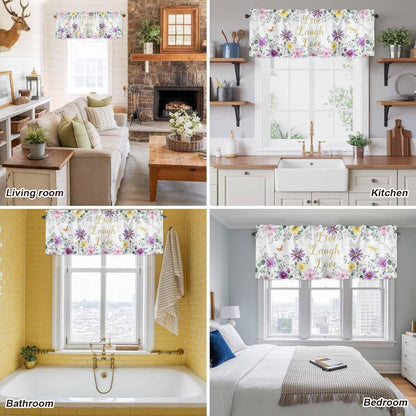 Prime Leader Purple Yellow Flowers Valances Curtain for Windows Spring Floral Eucalyptus Leaf Laugh Love Live Valance Rod Pocket Short Curtains for Kitchen Bathroom Living Room Bedroom, 42" W x 12" L