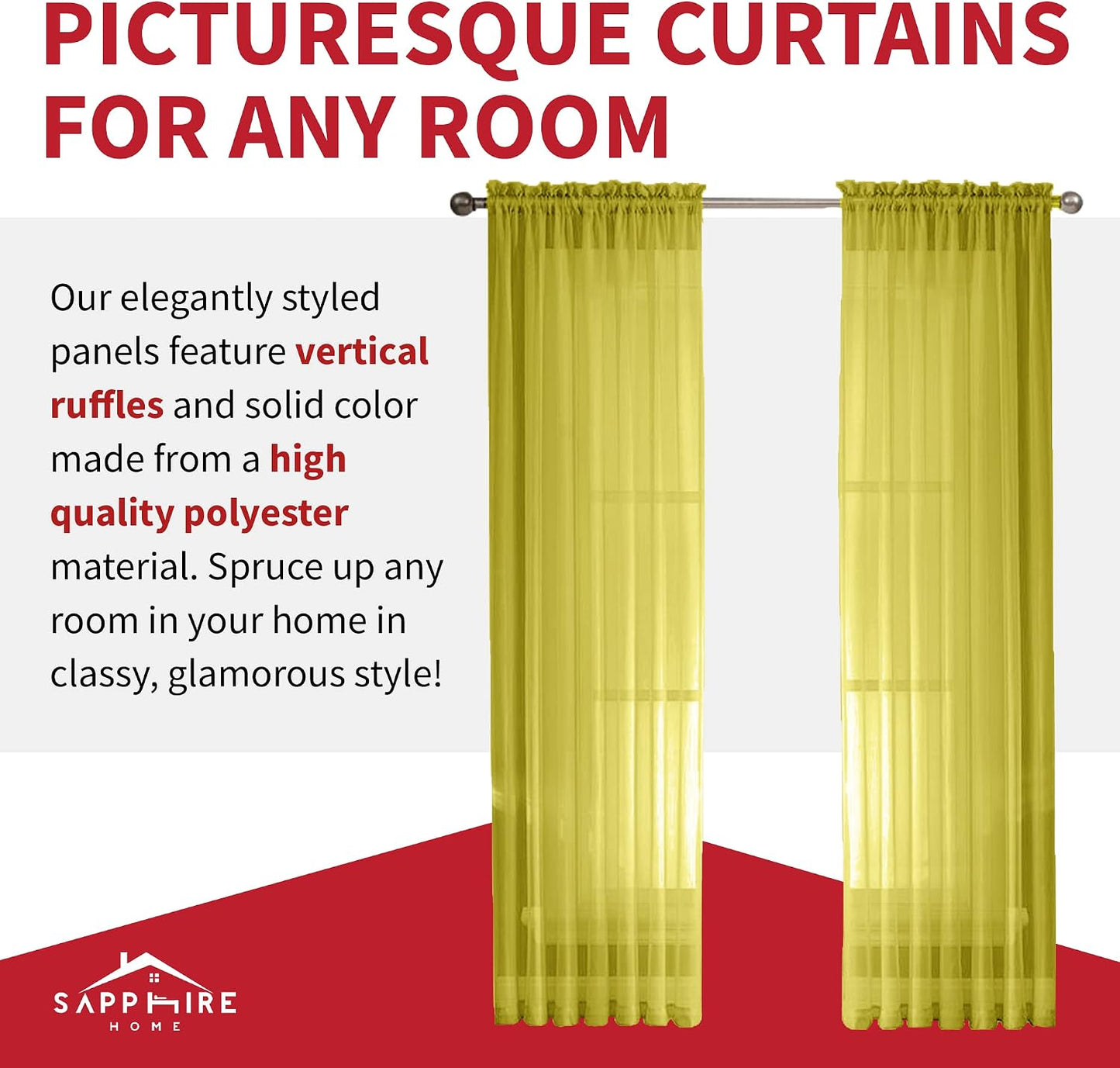 Sapphire Home Yellow Sheer Curtains - 84 Inches Length, 2 Panels Set Sheer Drapes, Light Filtering Textured Window Curtain for Living Room, Bedroom, Kitchen, and Dining Room - 54"x84", Yellow