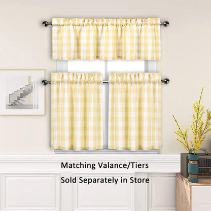 Amzdecor Yellow White Buffalo Plaid Valance Linen Sheer Cafe Curtain Buffalo Check Plaid Rod Pocket Rustic Farmhouse Kitchen Window Treatment for Living Room Bedroom,1 Panel,55''x15'',Yellow and White