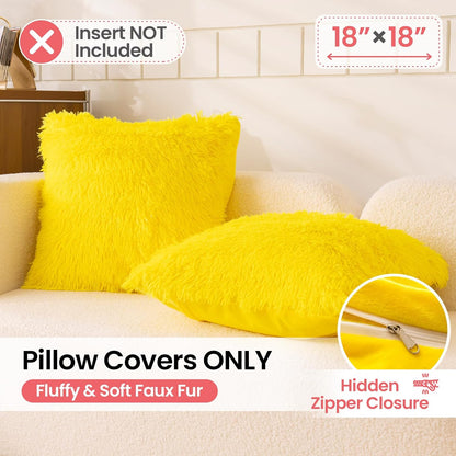 Faux Fur Yellow Throw Pillow Covers, Fluffy Soft Fuzzy Decorative Pillow Cases Cute Pillowcases for Home Bedroom Living Room, Zipper Closure, Set of 2 (Yellow, 18"x 18")