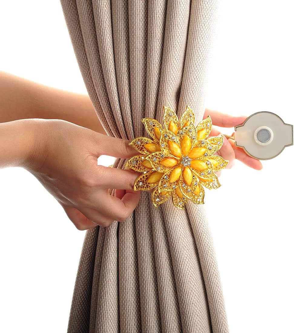 SUQ I OME Classic Luxury Big Crystal Magnetic Curtain Tieback and Holdback Flower Curtain Clips Buckle Curtain Holder Curtain Holdbacks(Gold+Yellow,2PCS)