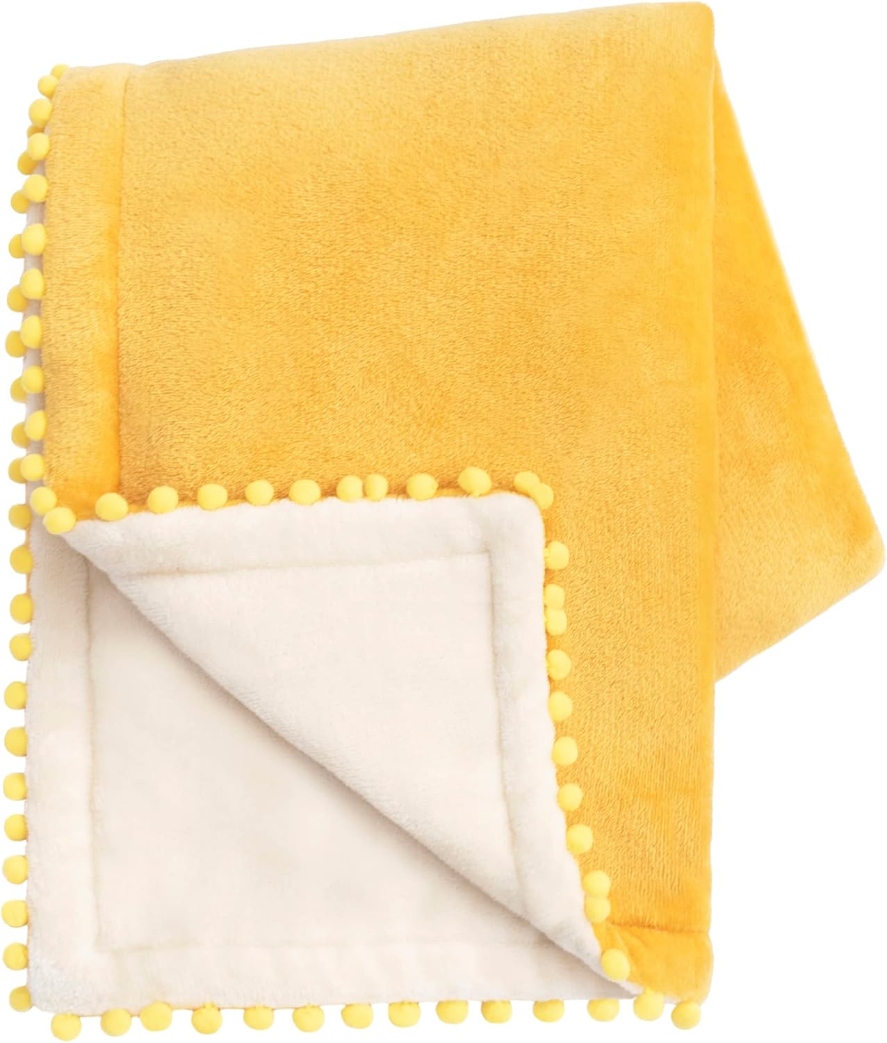 MONDAY MOOSE Cozy Fleece Throw Blanket with Pom Pom Fringe, Super Soft Blanket, Double-Sided Designs, for Couch Bed Sofa Home Decor (50x60 inch, Yellow/Beige)